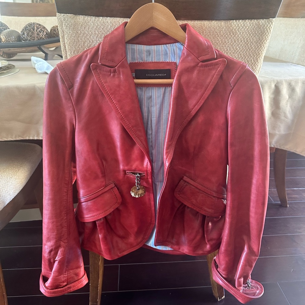 Red, leather Dsquared blazer. Size 42. Great condition